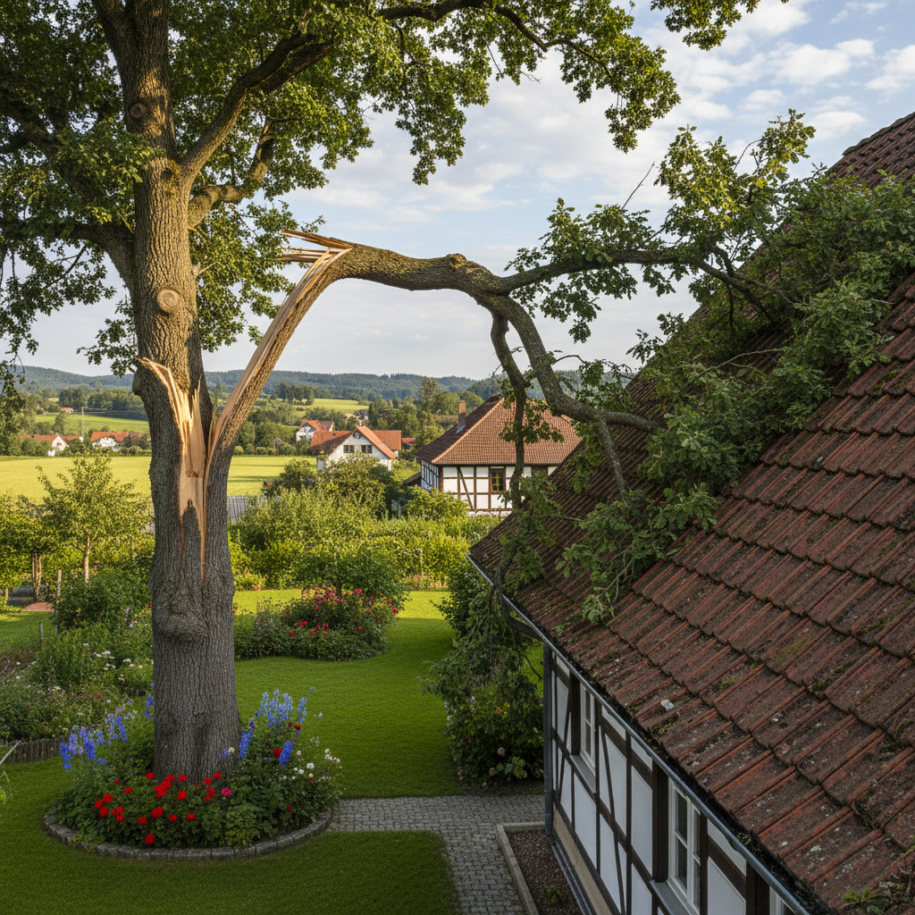 Sturmschaden Ast hängt auf Baum nach Blitzeinschlag